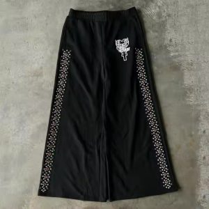 High Quality Custom Loose Oversized Straight Wide Leg Jogger Sweat Pants Baggy Rhinestone Sweatpants for Men