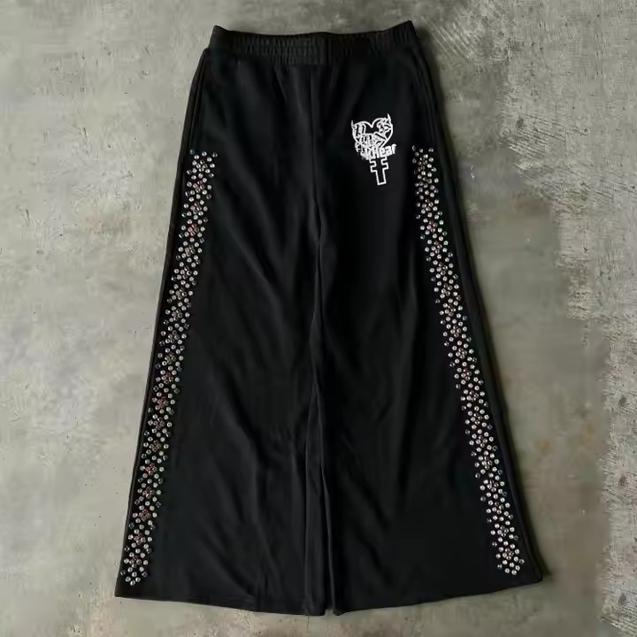 High Quality Custom Loose Oversized Straight Wide Leg Jogger Sweat Pants Baggy Rhinestone Sweatpants for Men