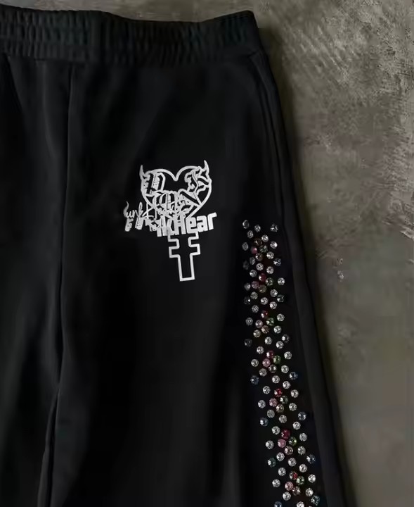 High Quality Custom Loose Oversized Straight Wide Leg Jogger Sweat Pants Baggy Rhinestone Sweatpants for Men
