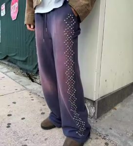 High Quality Custom Loose Oversized Straight Wide Leg Jogger Sweat Pants Baggy Rhinestone Sweatpants for Men