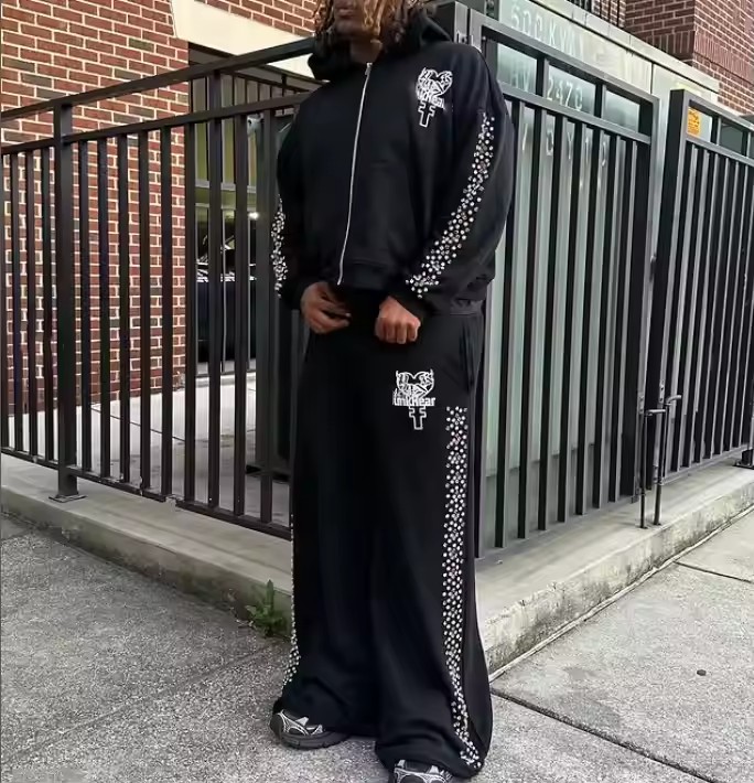 High Quality Custom Loose Oversized Straight Wide Leg Jogger Sweat Pants Baggy Rhinestone Sweatpants for Men
