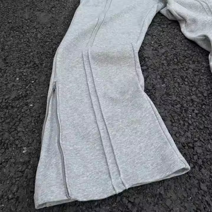 Custom 100% Cotton Jogger Pants French Terry Zipper Flared Sweatpants Men Grey Straight Wide Leg Baggy Sweatpants