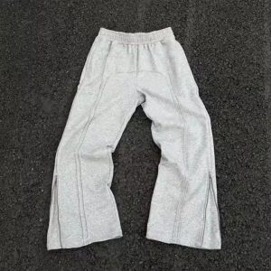 Custom 100% Cotton Jogger Pants French Terry Zipper Flared Sweatpants Men Grey Straight Wide Leg Baggy Sweatpants