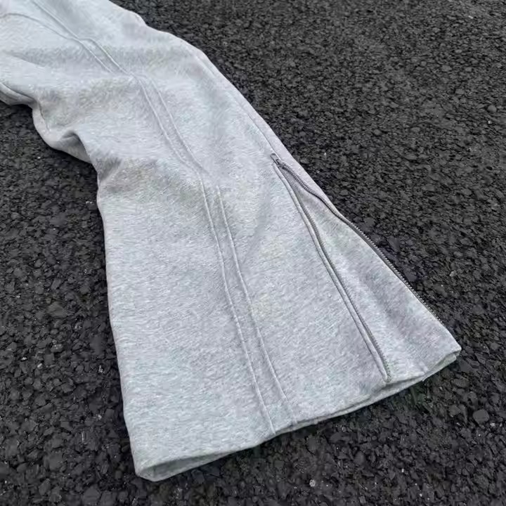 Custom 100% Cotton Jogger Pants French Terry Zipper Flared Sweatpants Men Grey Straight Wide Leg Baggy Sweatpants