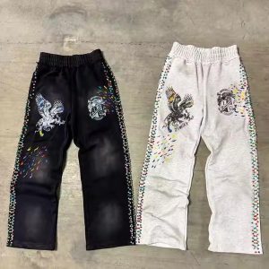 Custom Joggers Grey Flare Sweat Pants Men Heavyweight Distressed Acid Wash Baggy Track Pants Rhinestone Sweatpants