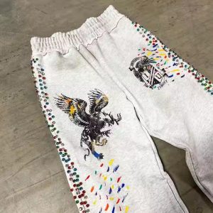 Custom Joggers Grey Flare Sweat Pants Men Heavyweight Distressed Acid Wash Baggy Track Pants Rhinestone Sweatpants