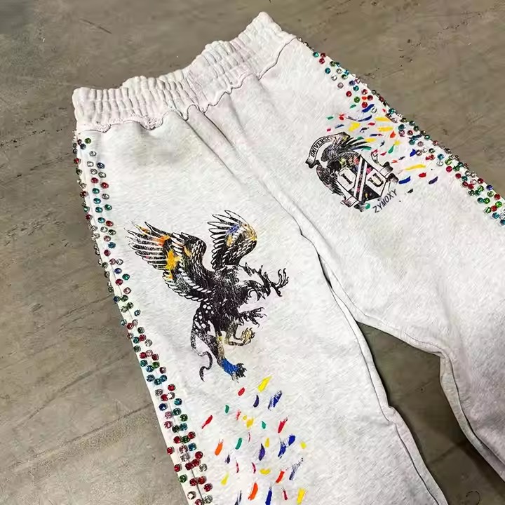 Custom Joggers Grey Flare Sweat Pants Men Heavyweight Distressed Acid Wash Baggy Track Pants Rhinestone Sweatpants