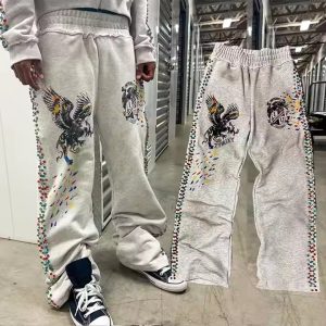 Custom Joggers Grey Flare Sweat Pants Men Heavyweight Distressed Acid Wash Baggy Track Pants Rhinestone Sweatpants