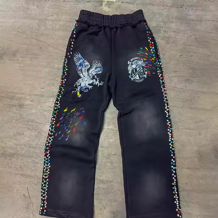 Custom Joggers Grey Flare Sweat Pants Men Heavyweight Distressed Acid Wash Baggy Track Pants Rhinestone Sweatpants