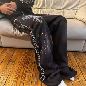 Custom Joggers Grey Flare Sweat Pants Men Heavyweight Distressed Acid Wash Baggy Track Pants Rhinestone Sweatpants