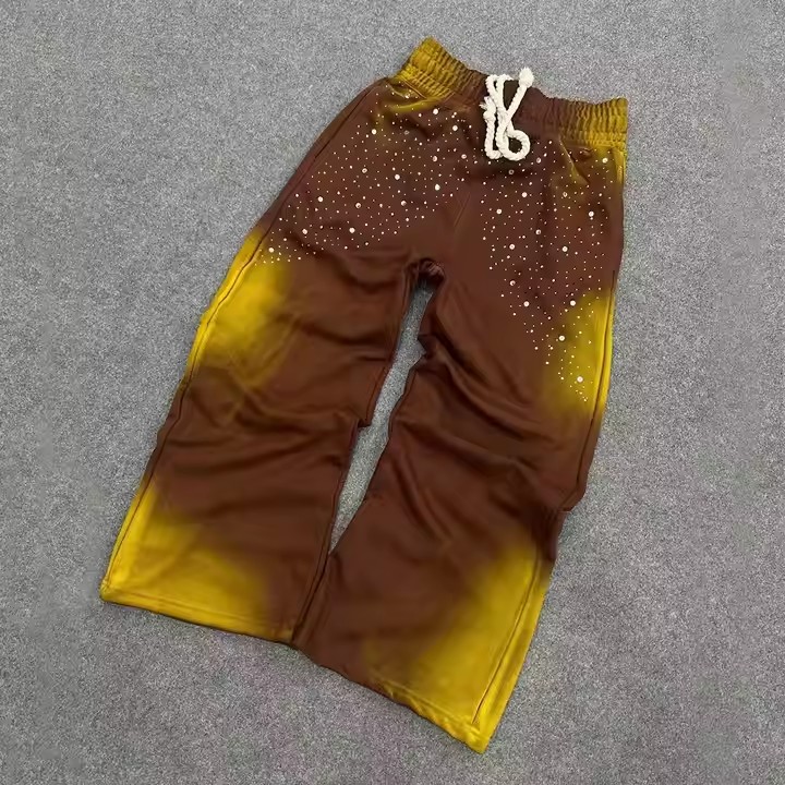 Custom Stylish Heavyweight Oversized Man Sun Faded Vintage Track Sweat Pant Acid Wash Mens Baggy Rhinestone Sweatpants