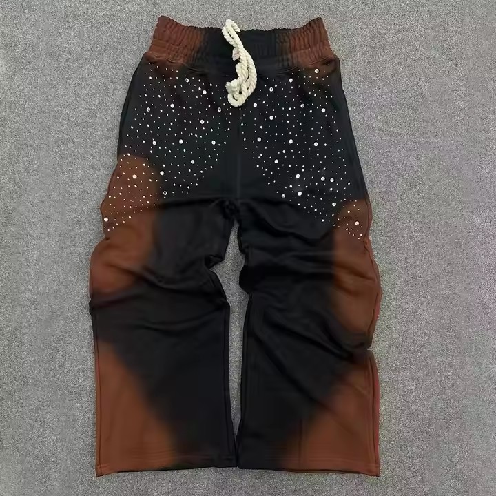 Custom Stylish Heavyweight Oversized Man Sun Faded Vintage Track Sweat Pant Acid Wash Mens Baggy Rhinestone Sweatpants
