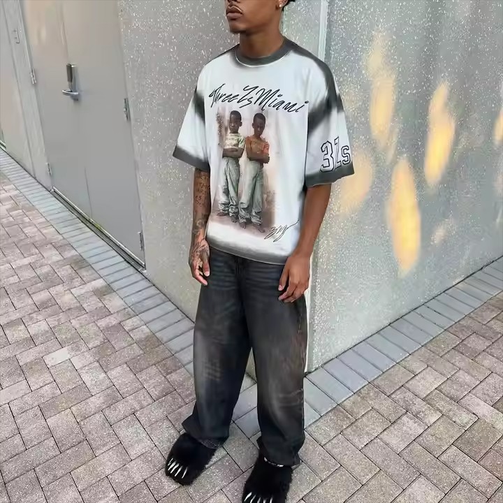 Custom 2025 New Streetwear Dtg Printing Logo T Shirt 100% Cotton Spray Acid Washed Vintage Cropped Boxy T-Shirt Men