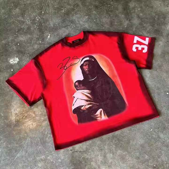 Custom 2025 New Streetwear Dtg Printing Logo T Shirt 100% Cotton Spray Acid Washed Vintage Cropped Boxy T-Shirt Men