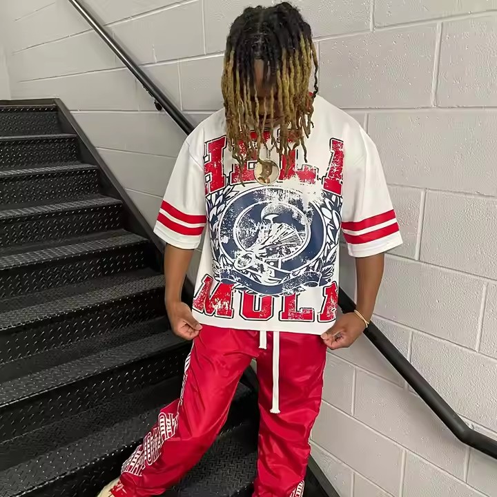 128 (1New Streetwear T-Shirt 100% Cotton Color Block Ringer Crack Printing Oversized Boxy Fit Heavyweight T Shirt