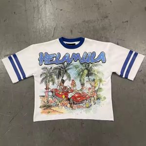 New Streetwear T-Shirt 100% Cotton Color Block Ringer Crack Printing Oversized Boxy Fit Heavyweight T Shirt
