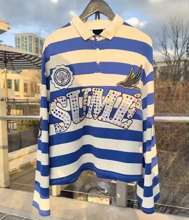 Custom Embroidery Rugby Jersey Polos Color Block Rhinestone Long Sleeve Boxy Fit Cropped Knitted Striped Polo Shirt for Men
