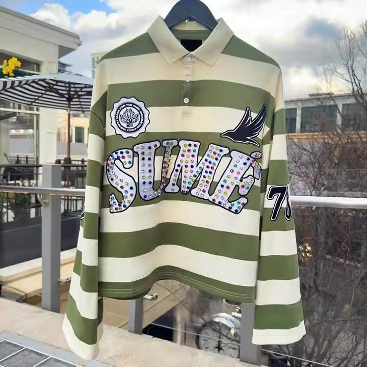 Custom Embroidery Rugby Jersey Polos Color Block Rhinestone Long Sleeve Boxy Fit Cropped Knitted Striped Polo Shirt for Men