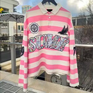 Custom Embroidery Rugby Jersey Polos Color Block Rhinestone Long Sleeve Boxy Fit Cropped Knitted Striped Polo Shirt for Men