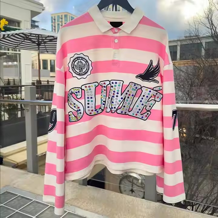Custom Embroidery Rugby Jersey Polos Color Block Rhinestone Long Sleeve Boxy Fit Cropped Knitted Striped Polo Shirt for Men