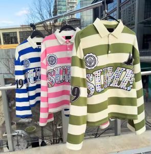 Custom Embroidery Rugby Jersey Polos Color Block Rhinestone Long Sleeve Boxy Fit Cropped Knitted Striped Polo Shirt for Men
