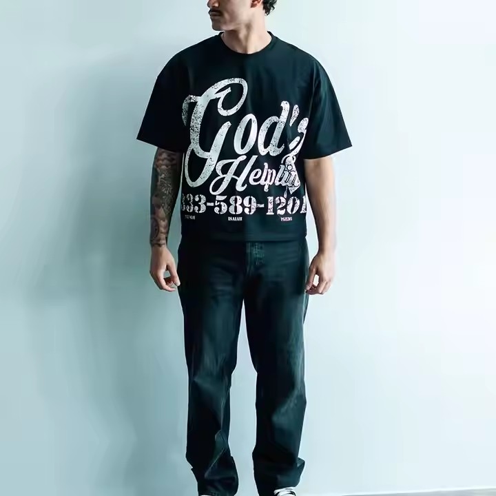 New Summer Streetwear Mens Heavy Cotton Graphic Print T-Shirt O Neck Vintage Boxy Fit Cropped T Shirt