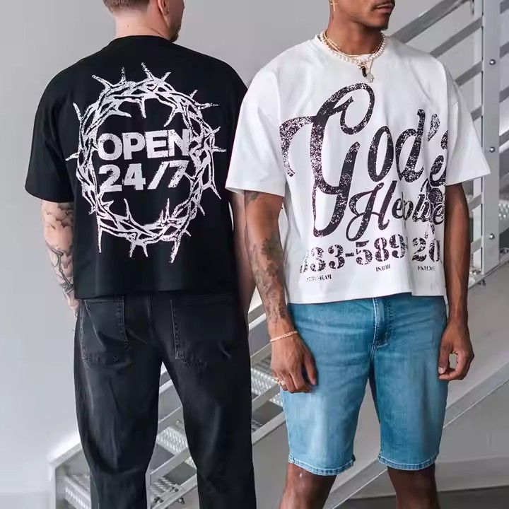 New Summer Streetwear Mens Heavy Cotton Graphic Print T-Shirt O Neck Vintage Boxy Fit Cropped T Shirt