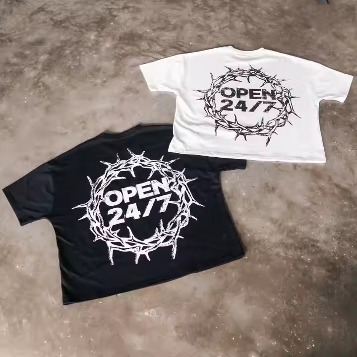 New Summer Streetwear Mens Heavy Cotton Graphic Print T-Shirt O Neck Vintage Boxy Fit Cropped T Shirt