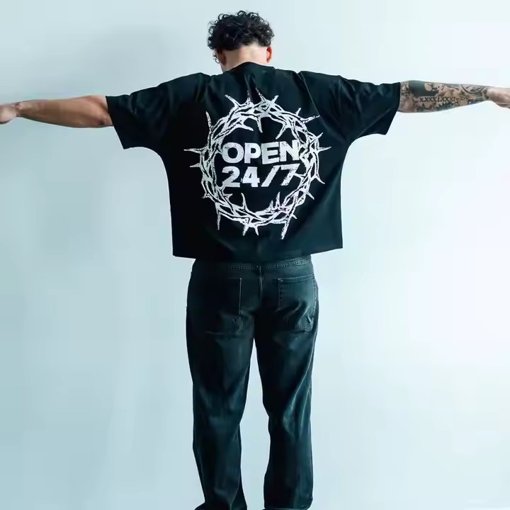 New Summer Streetwear Mens Heavy Cotton Graphic Print T-Shirt O Neck Vintage Boxy Fit Cropped T Shirt