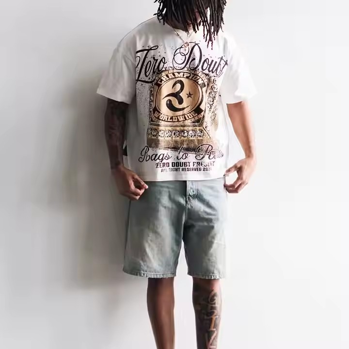 Custom Heavyweight 300 Gsm 100% Cotton Graphic Silk Screen Print Boxy Fit Cropped Fit Vintage Men T Shirt Men Tees