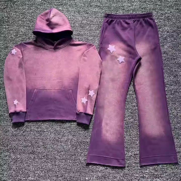 Sweat Suit Supplier Wholesale Men Oversized Brown Sweatsuit Puff Printing Hoodie Custom Logo Heavy Weight Tech Fleece Tracksuit