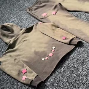 Sweat Suit Supplier Wholesale Men Oversized Brown Sweatsuit Puff Printing Hoodie Custom Logo Heavy Weight Tech Fleece Tracksuit