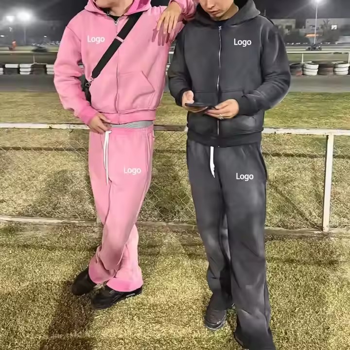 Custom Vintage Jogging Set Zip up Acid Wash Tracksuit Sweat Suit Hoodie and Straight Leg Flared Sweatpants Track Suit for Men