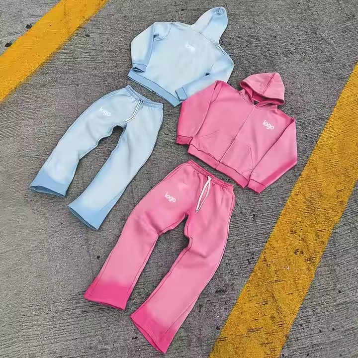 Custom Vintage Jogging Set Zip up Acid Wash Tracksuit Sweat Suit Hoodie and Straight Leg Flared Sweatpants Track Suit for Men