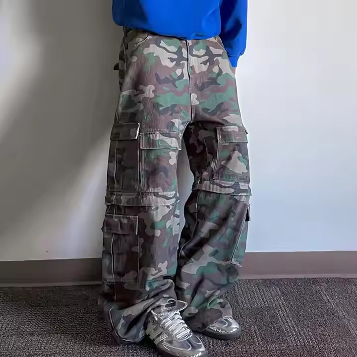 Custom Pants Oversized Heavy Thick Vintage Straight Wide Leg Baggy Camouflage Sweatpants Tracks Camo Cargo Pants Men