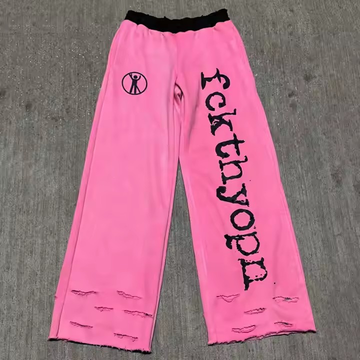 Custom Streetwear Oversized Sweat Pants Manufacturer Jogger Pants Distressed French Terry Cotton Men Baggy Sweatpants