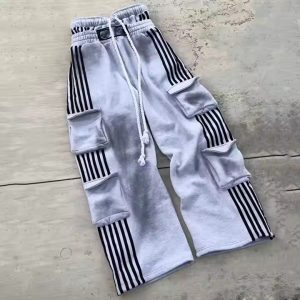 Custom Multiple Pockets Cargo Pants Heavyweight Cotton Double Waist Striped Wide Leg French Terry Washed Baggy Sweatpants