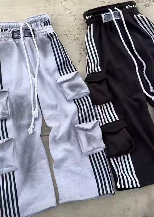 Custom Multiple Pockets Cargo Pants Heavyweight Cotton Double Waist Striped Wide Leg French Terry Washed Baggy Sweatpants