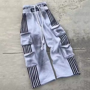 Custom Multiple Pockets Cargo Pants Heavyweight Cotton Double Waist Striped Wide Leg French Terry Washed Baggy Sweatpants
