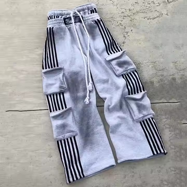 Custom Multiple Pockets Cargo Pants Heavyweight Cotton Double Waist Striped Wide Leg French Terry Washed Baggy Sweatpants