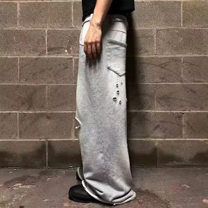 Streetwear Custom Logo Sun Faded Acid Washed French Terry Heavyweight Cotton Baggy Wide Leg Flared Sweatpants Men