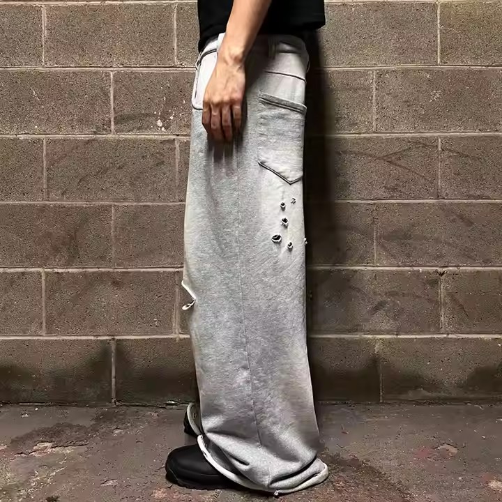 Streetwear Custom Logo Sun Faded Acid Washed French Terry Heavyweight Cotton Baggy Wide Leg Flared Sweatpants Men