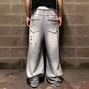 Streetwear Custom Logo Sun Faded Acid Washed French Terry Heavyweight Cotton Baggy Wide Leg Flared Sweatpants Men