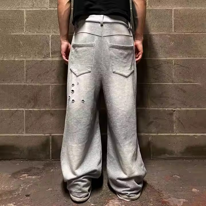 Streetwear Custom Logo Sun Faded Acid Washed French Terry Heavyweight Cotton Baggy Wide Leg Flared Sweatpants Men