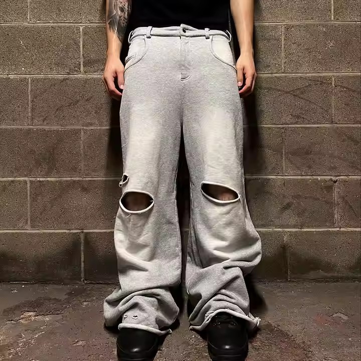 Streetwear Custom Logo Sun Faded Acid Washed French Terry Heavyweight Cotton Baggy Wide Leg Flared Sweatpants Men