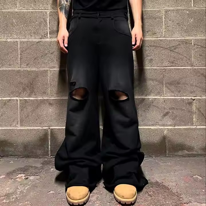 Streetwear Custom Logo Sun Faded Acid Washed French Terry Heavyweight Cotton Baggy Wide Leg Flared Sweatpants Men