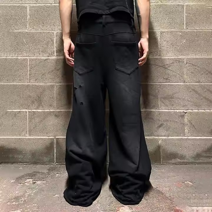 Streetwear Custom Logo Sun Faded Acid Washed French Terry Heavyweight Cotton Baggy Wide Leg Flared Sweatpants Men