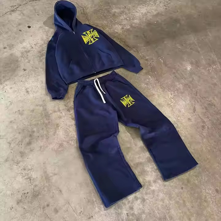Custom Zip up Baggy Hoodie and Sweatpants Jogger Two Piece Set Dtg Print Sweat Suit Vintage Acid Wash Men Tracksuits