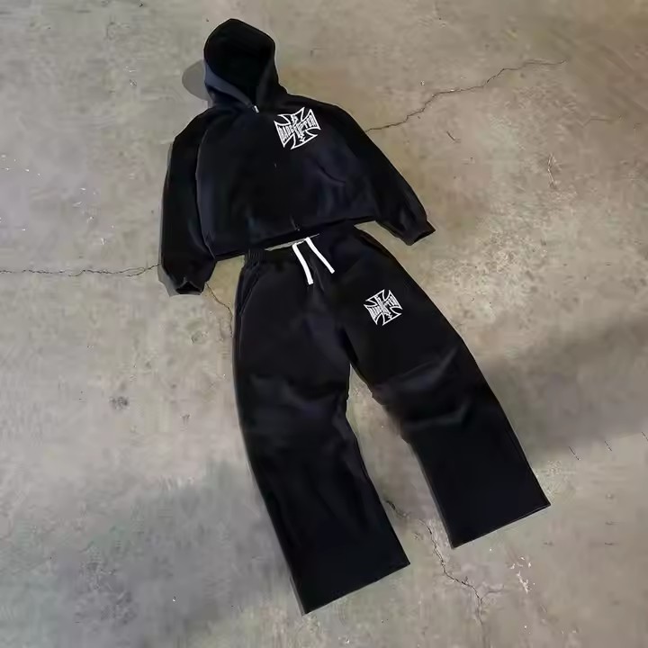 Custom Zip up Baggy Hoodie and Sweatpants Jogger Two Piece Set Dtg Print Sweat Suit Vintage Acid Wash Men Tracksuits