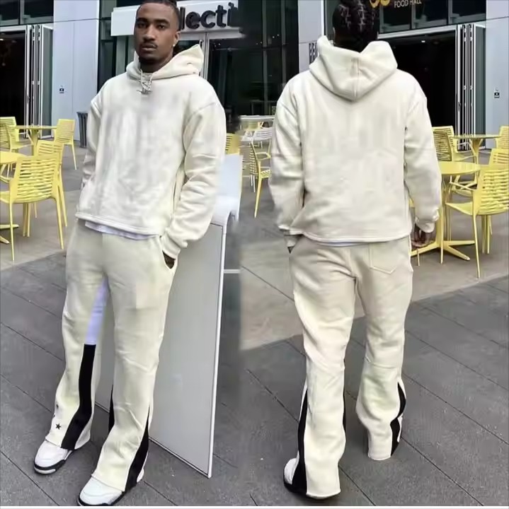 Custom Logo Sweat Pants Suit Jogger Set Cropped Sweatsuit Acid Wash Flared Sweatpants and Hoodie Set Tracksuit for Men
